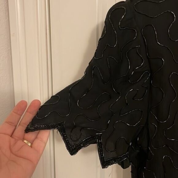 NWT Vtg. LAWRENCE KAZAR BLACK beaded handmade short sleeve SILK DRESS women’s  L - Picture 9 of 16